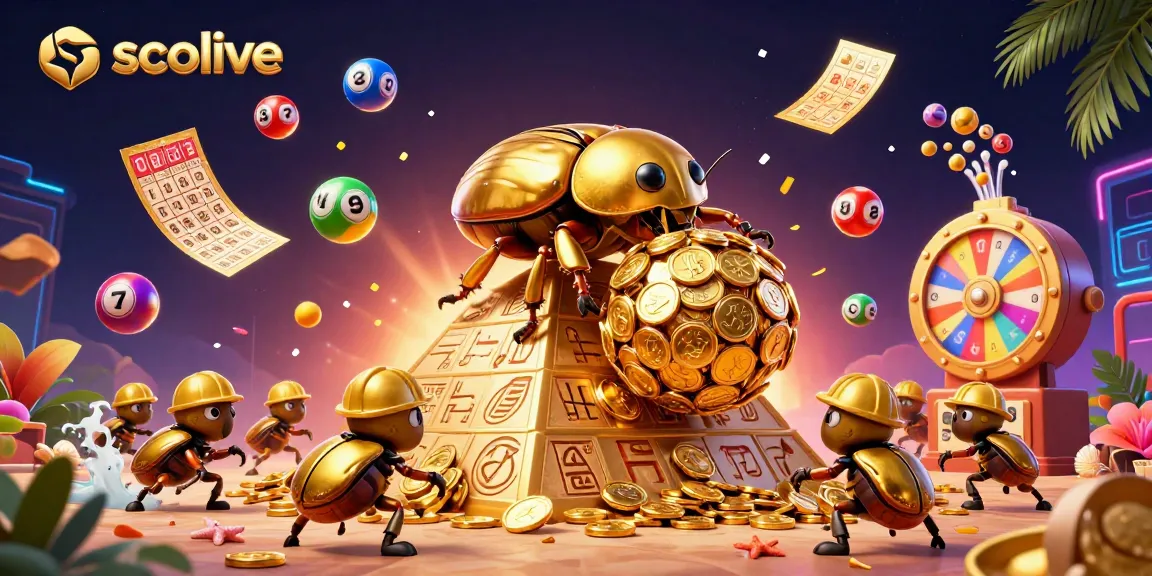 Socolive's dynamic scene showcasing a golden beetle and lottery elements for thrilling gambling experience.