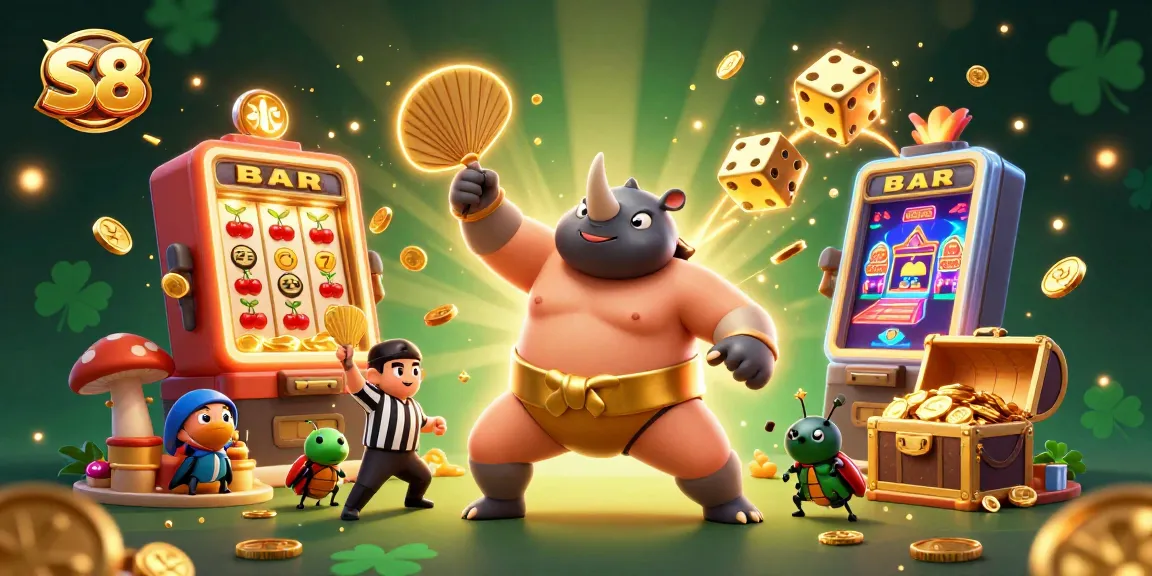 S8 casino vibrantly showcases a sumo beetle champion amidst dynamic slot machine action.