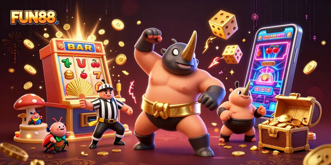 FUN88 showcases exciting jackpots as a beetle sumo champion stomps coins in a vibrant casino.