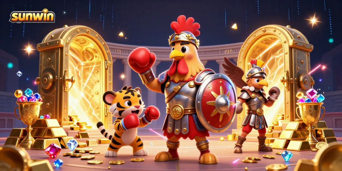 Engage with sunwin's vibrant online casino experience featuring a thrilling 3D gladiator rooster and tiger cub.