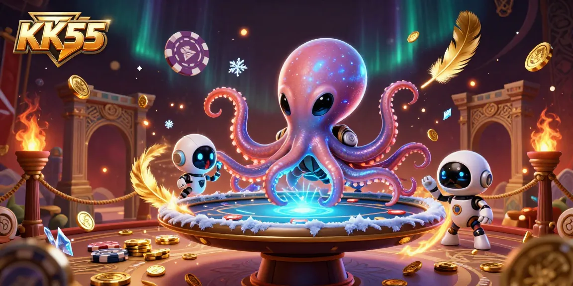 Play poker with alien octopus characters at KK55's vibrant casino scene filled with engaging visuals.